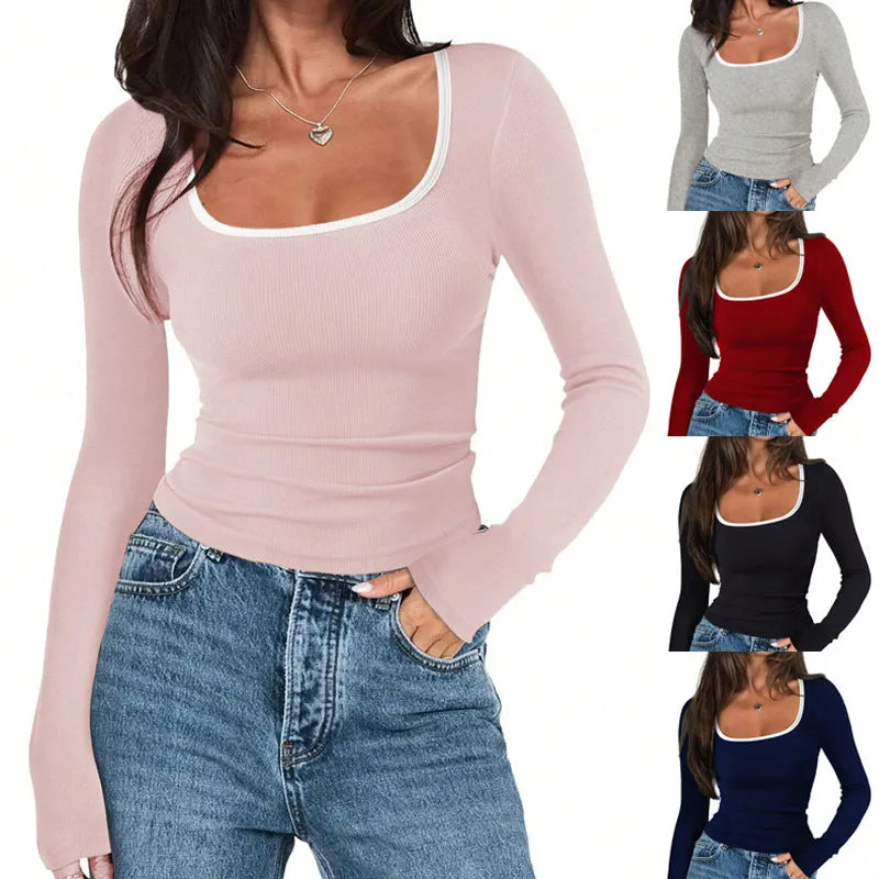 Women's slim fit cotton top with a square collar and long sleeves in a solid colour.