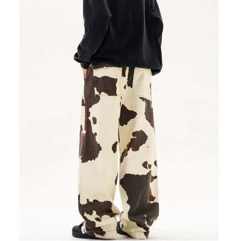 Men's casual straight-leg trousers with American retro cows pattern in 7698 cow colour