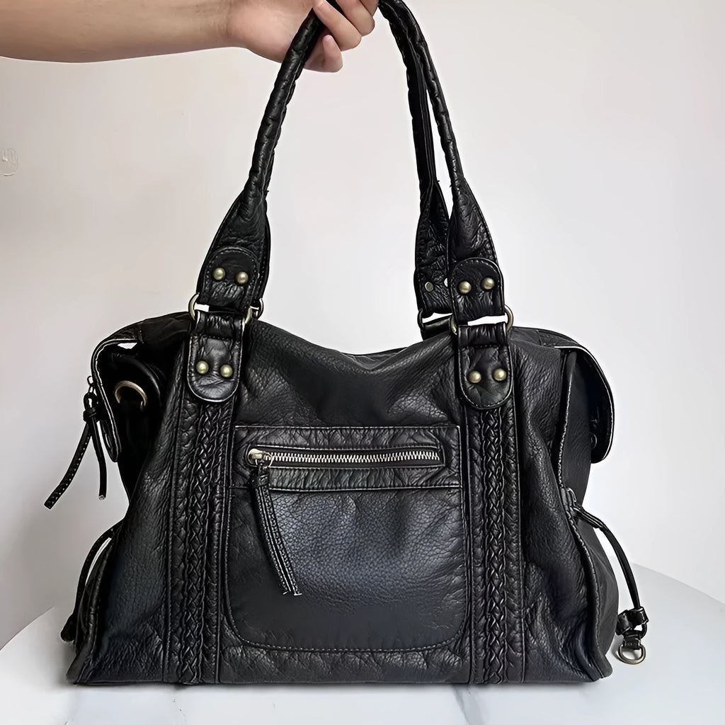 Women's brown French retro motorcycle messenger bag with woven decoration and shoulder strap