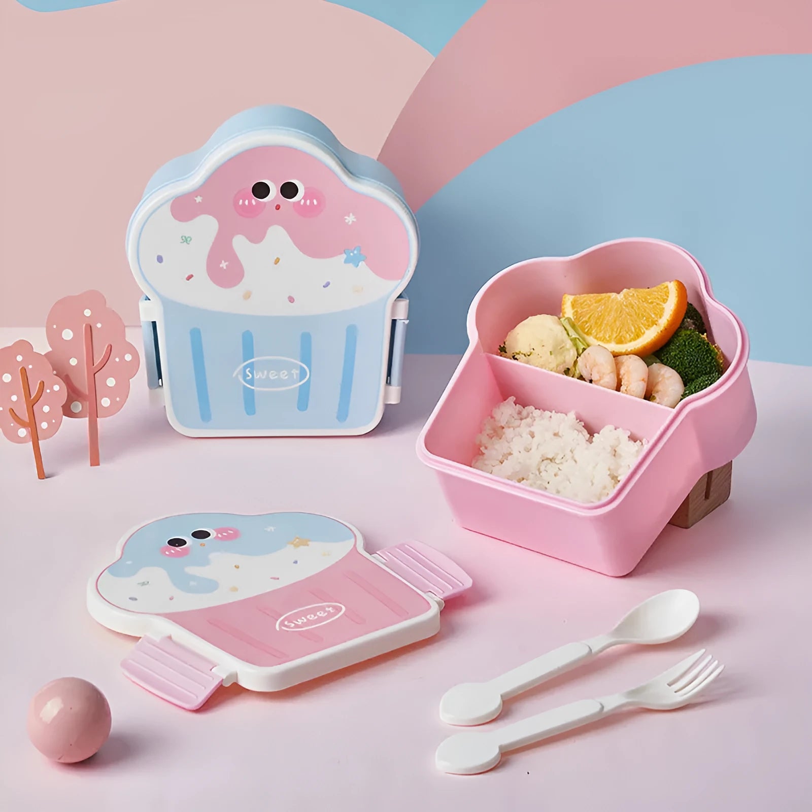 Creative ice cream shaped lunch box compartment with spoon and fork set in pink or blue