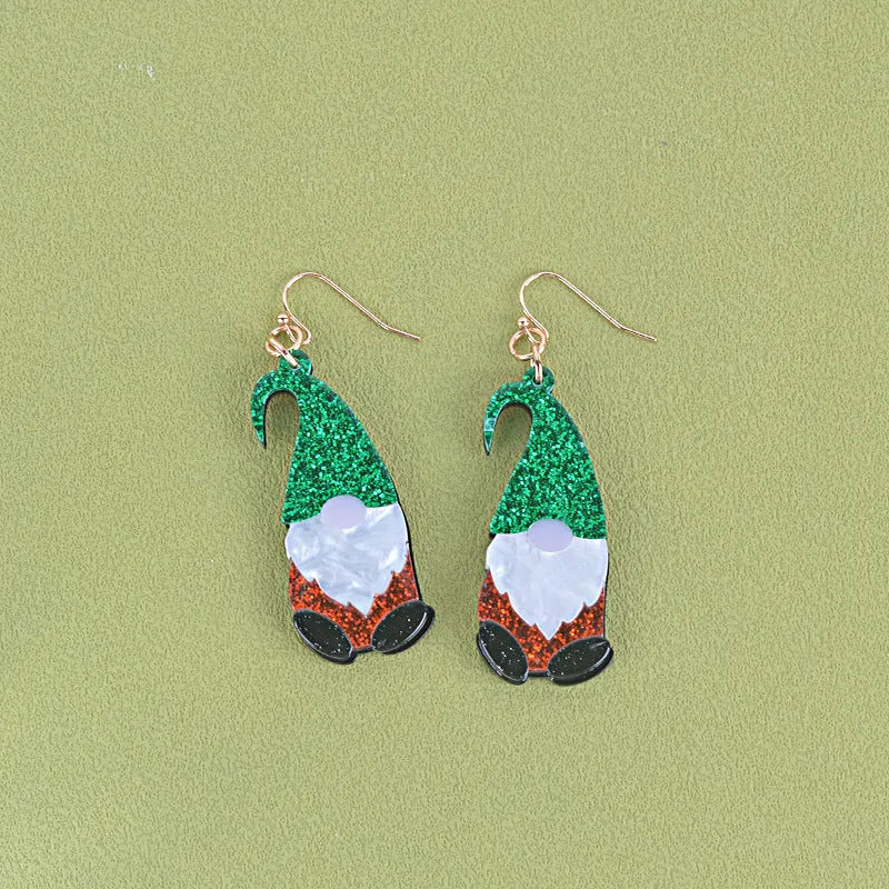 Acrylic Santa Claus character earrings with red, green, or combined hat designs