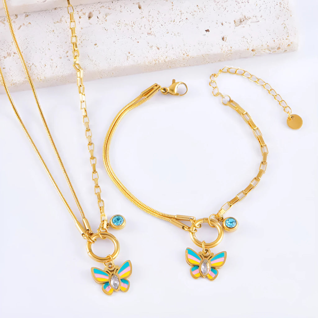 Gold tone titanium steel necklace and bracelet set with butterfly pendant for women