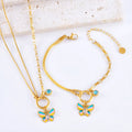 Gold tone titanium steel necklace and bracelet set with butterfly pendant for women