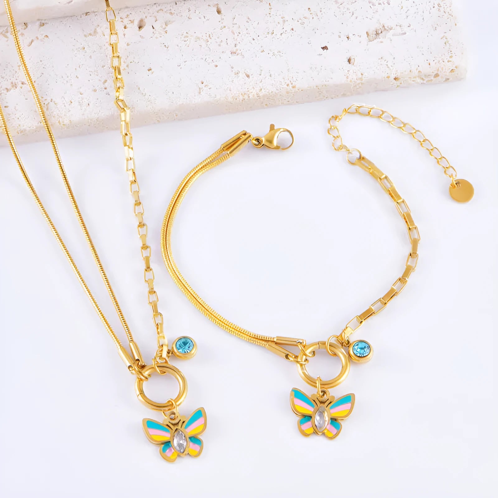 Gold tone titanium steel necklace and bracelet set with butterfly pendant for women