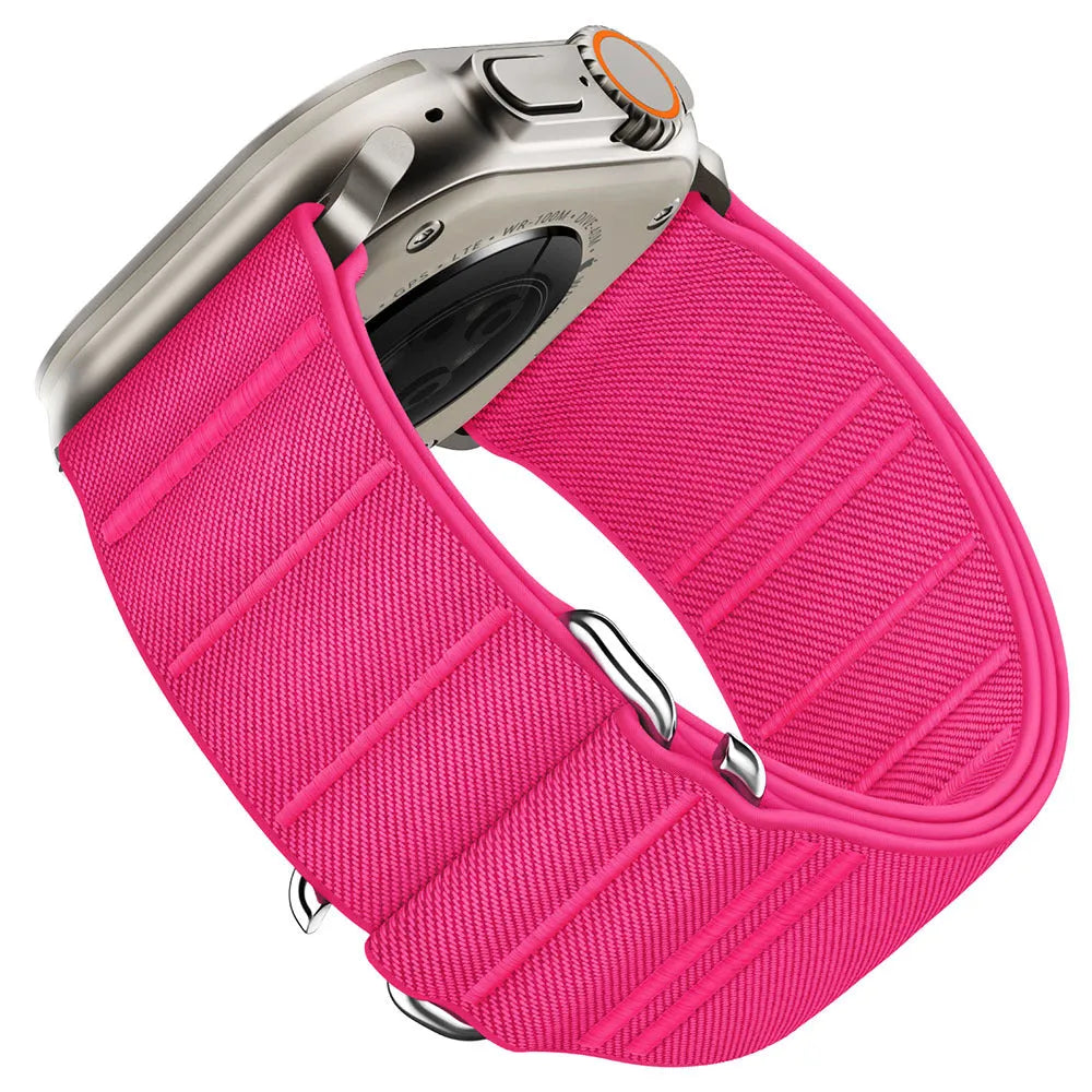 Elastic nylon Apple Watch band with stainless steel buckle shown in multiple colour options.