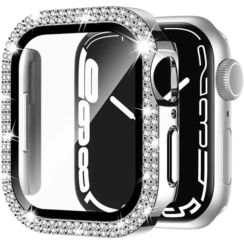 Apple Watch case with double diamond glass in rose pink, shown fitted on a 41mm Apple Watch.