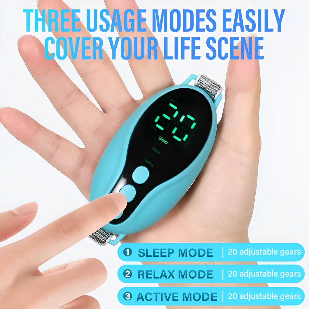Blue and white intelligent sleeping aid instrument with USB cable on a bedside table