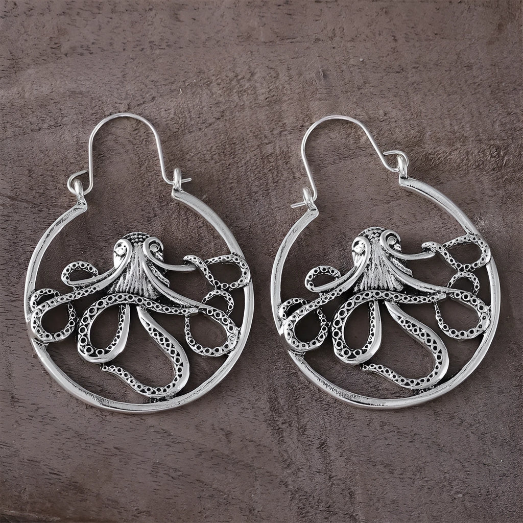 Antique silver octopus earrings with detailed modelling on zinc alloy base