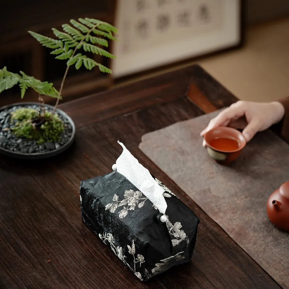 New Chinese brocade fabric tissue box cover with embroidery white plum design
