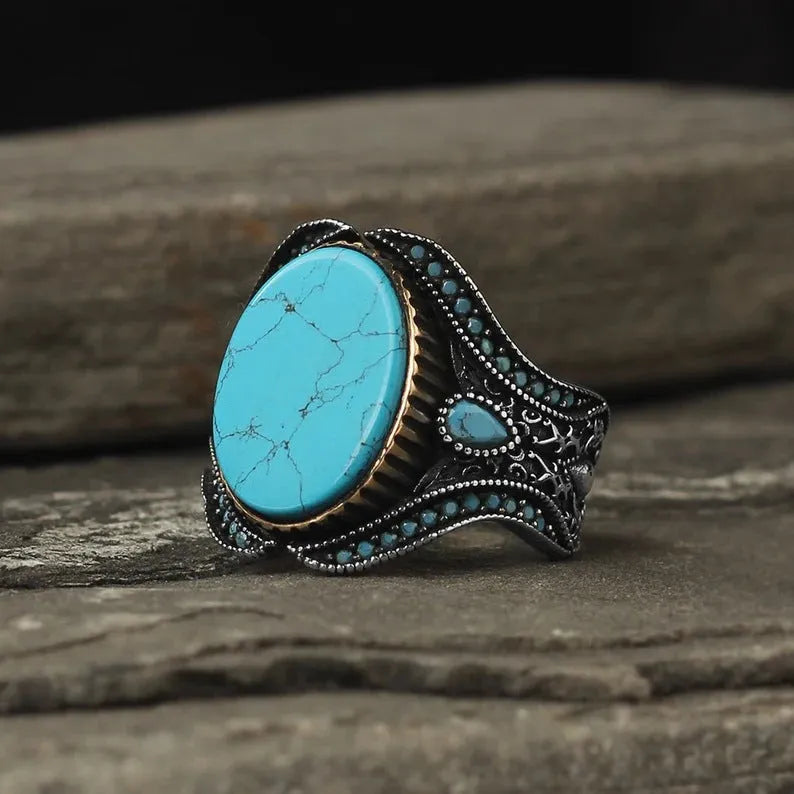 Men's antique silver alloy ring with round turquoise stone in simple setting