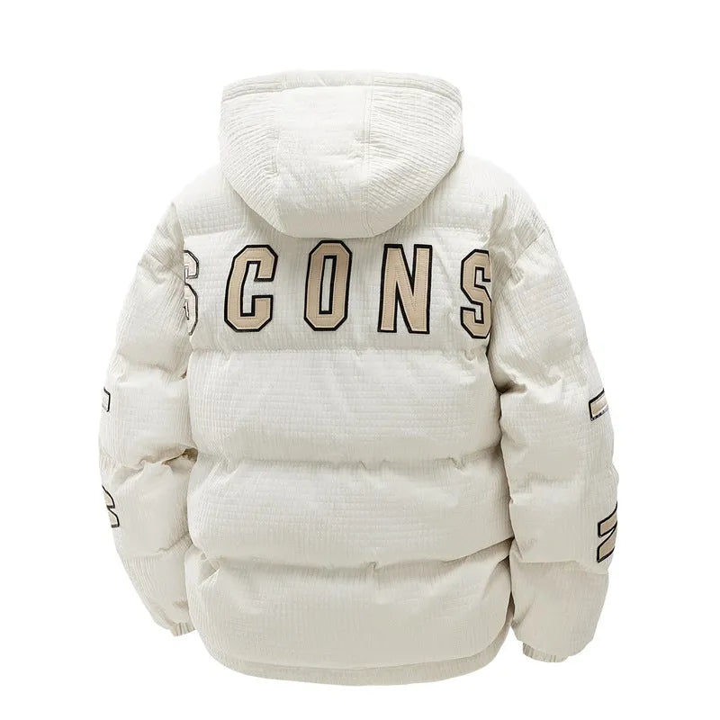Men's black padded hooded coat with letter print design and side pockets in Korean style