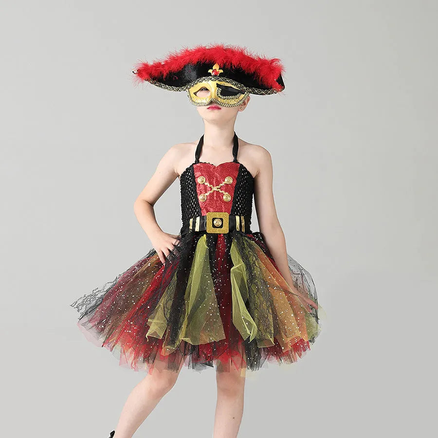 Girls pirates of the Caribbean Halloween costume dress with sequin gauze mesh lace details on pirate skirt