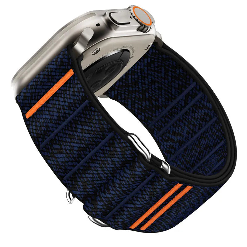 Elastic nylon Apple Watch band with stainless steel buckle shown in multiple colour options.