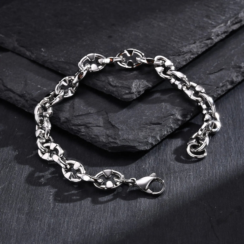 Handmade thick stainless steel geometric chain bracelet with a polished steel colour finish