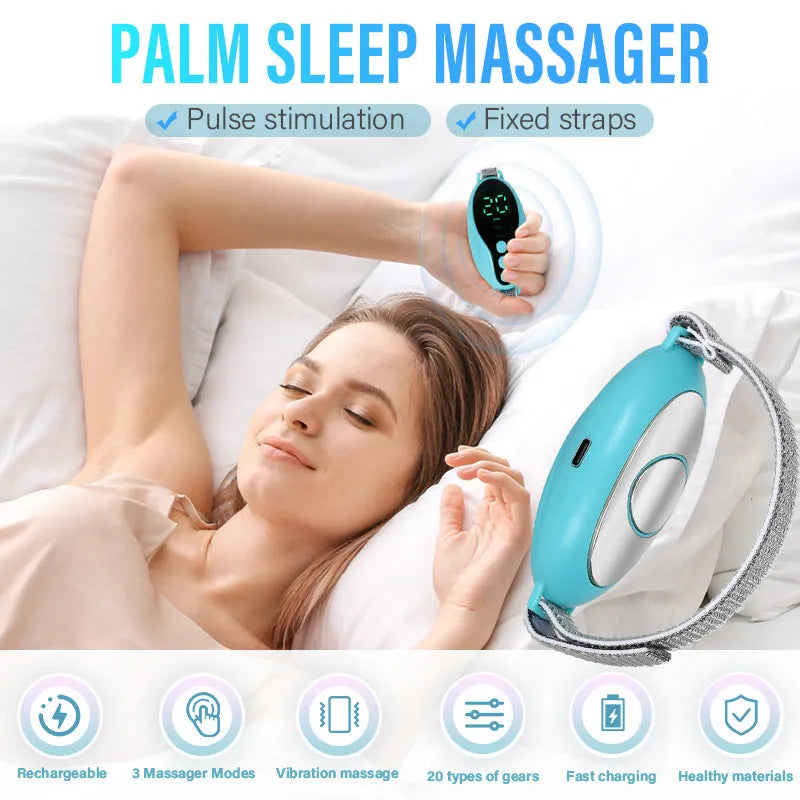 Blue and white intelligent sleeping aid instrument with USB cable on a bedside table