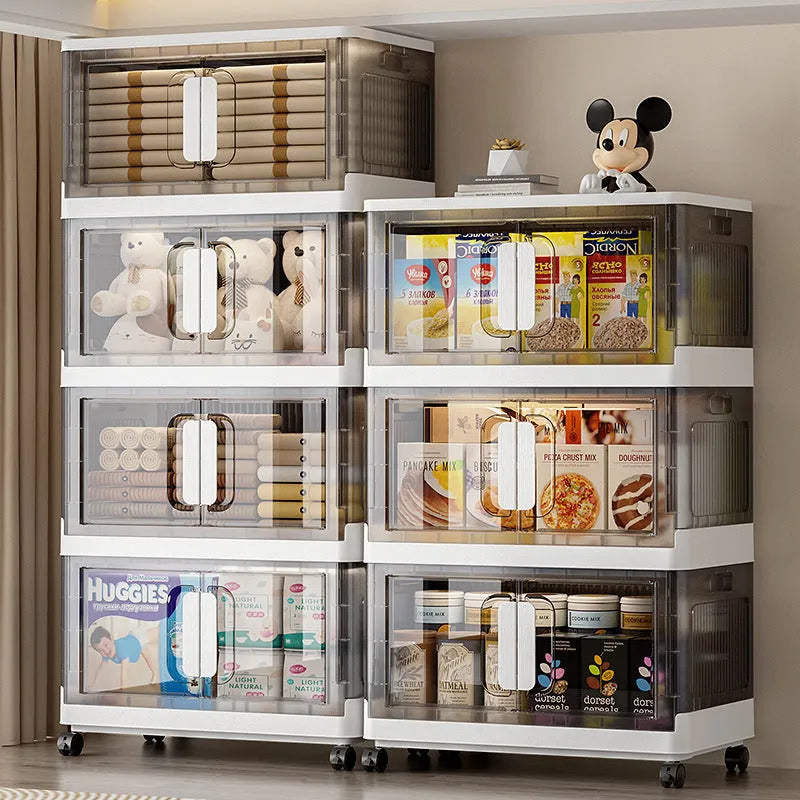 Foldable wheeled storage locker in white or grey with multiple layer options for household organisation