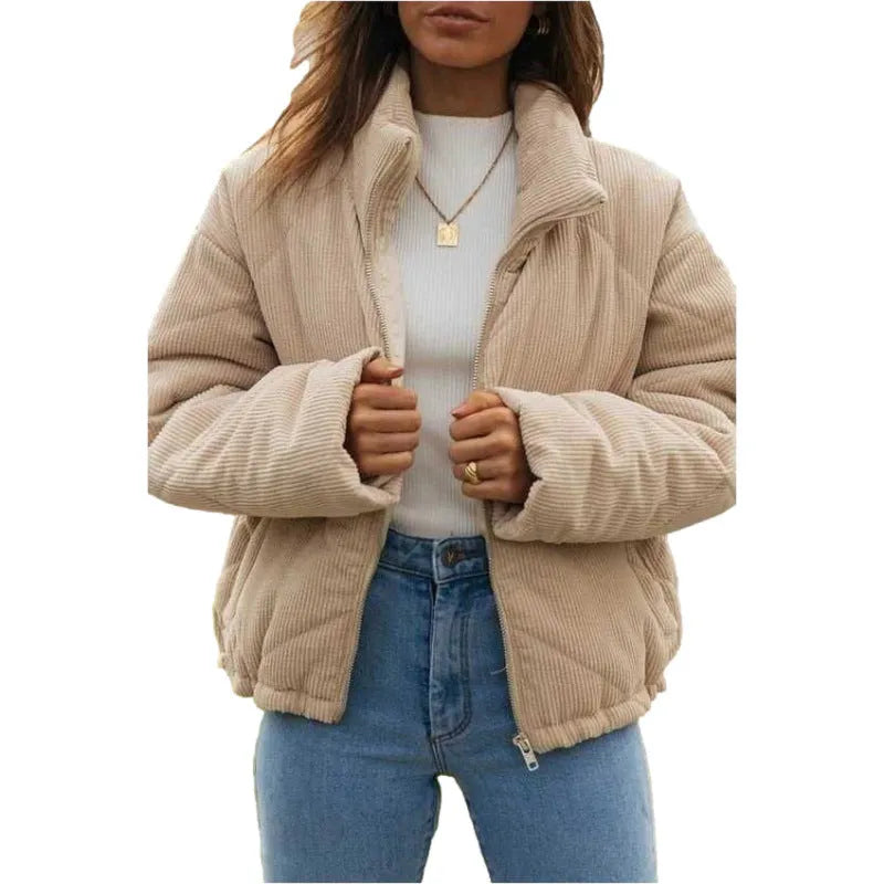 Apricot corduroy women's zip jacket with stand collar and long sleeves