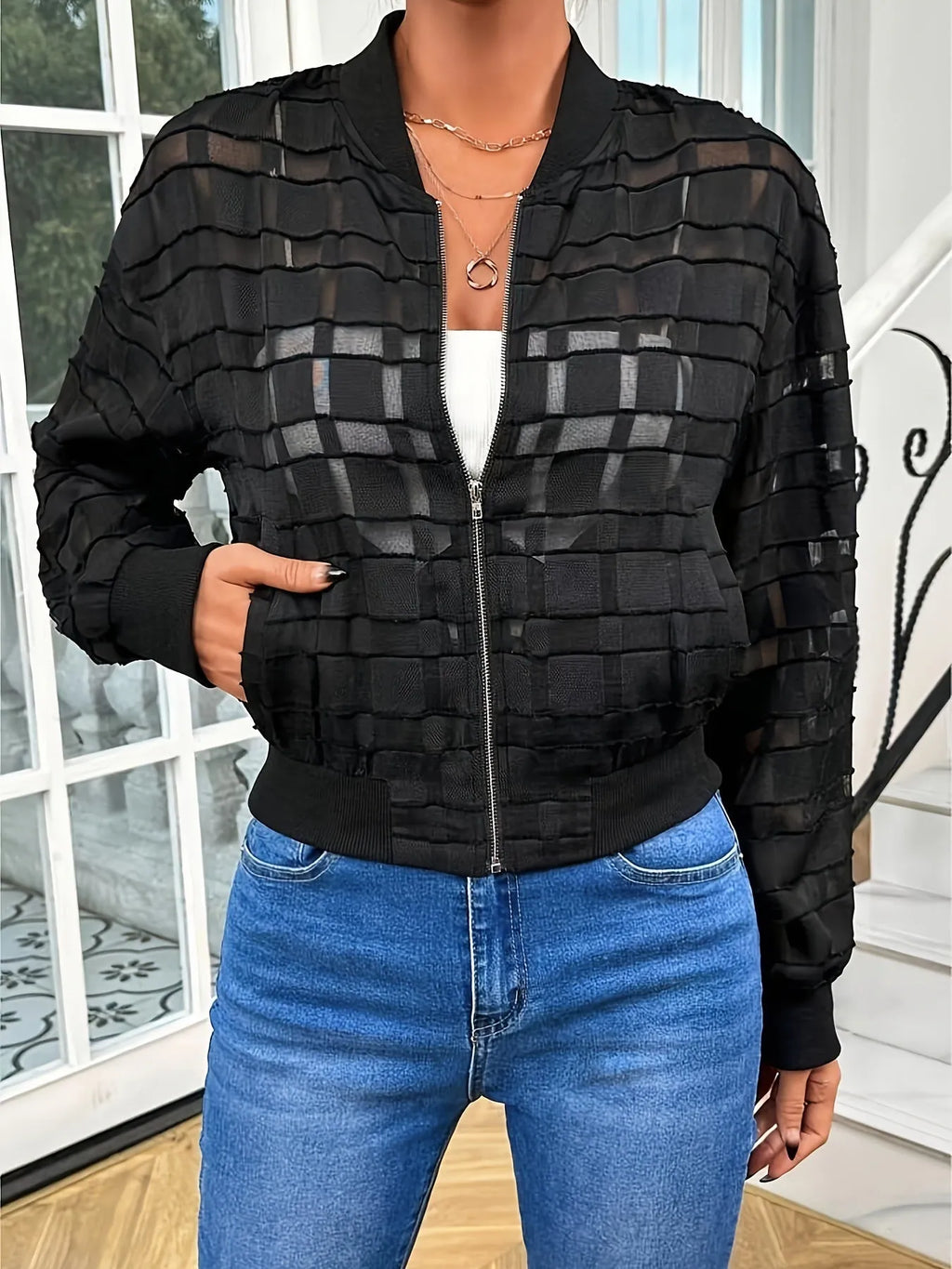 Black women's casual jacket with geometric pattern and semi-transparent thread zipper