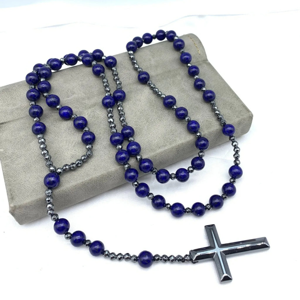Men's hand-woven stone cross pendant necklace on a ball bead chain with safety lock clasp.