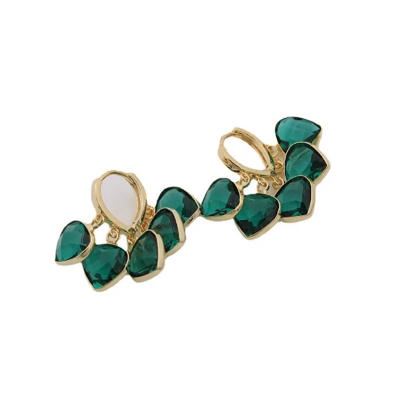 Green heart-shaped glass pendant ear clips with artificial gemstones in Korean style
