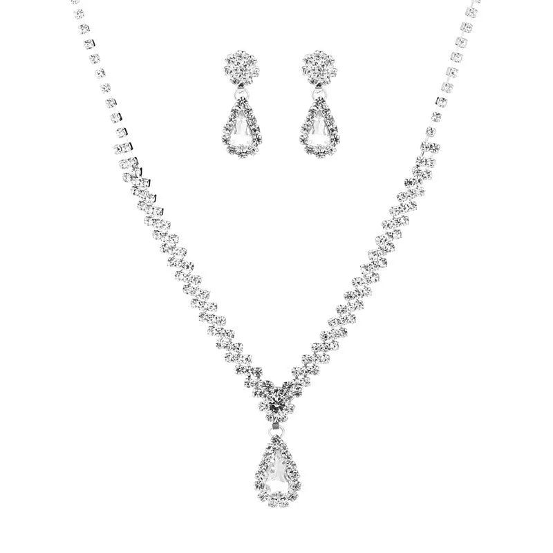 Claw chain necklace and matching earrings set with water drop rhinestone design in multiple colours