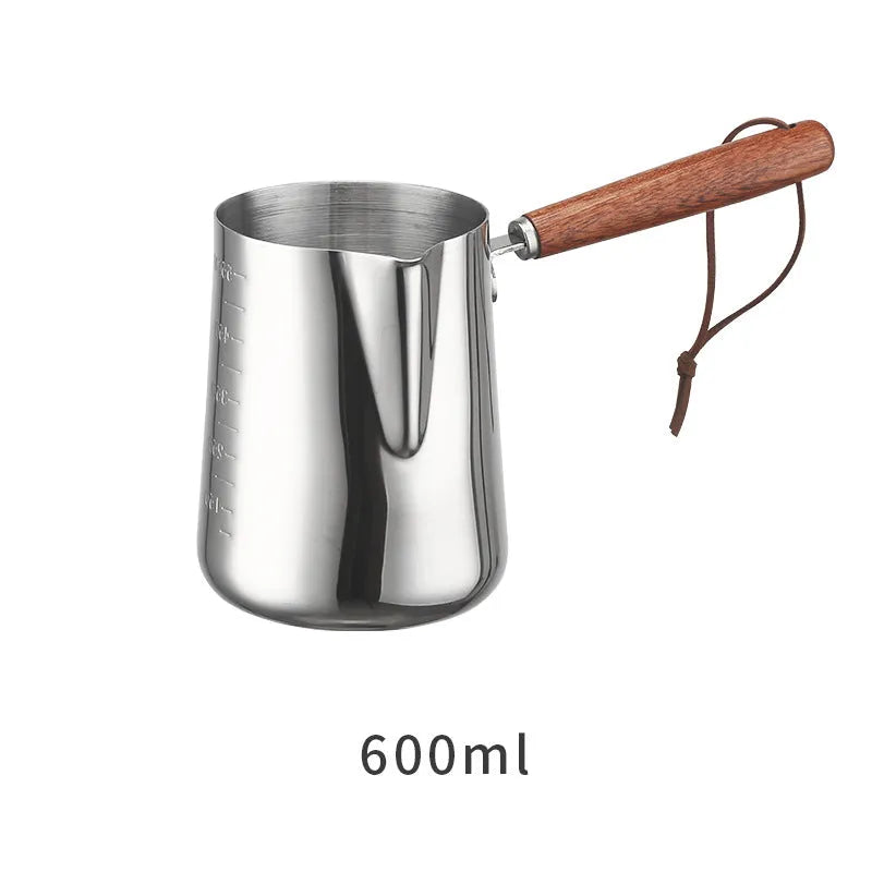 Stainless steel milk jug with wooden handle for latte art, shown in 350ml, 600ml and 1000ml sizes.