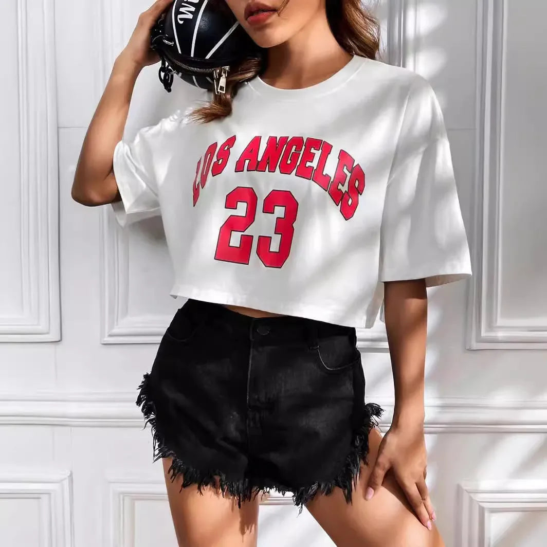 Black cotton crop top t-shirt with printed white English letters, navel-exposing design, loose casual fit