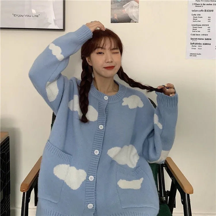 Women's blue cloud pattern cardigan sweater coat with loose fit and long sleeves