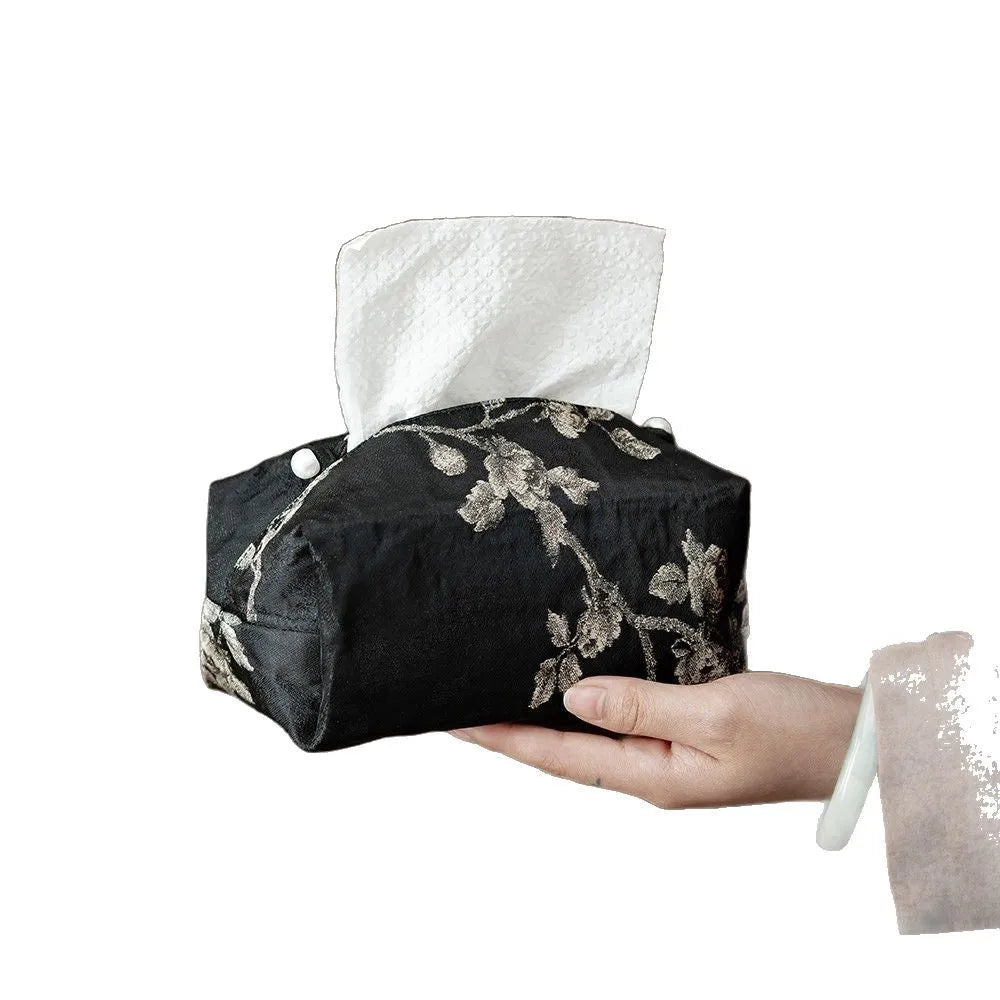 New Chinese brocade fabric tissue box cover with embroidery white plum design