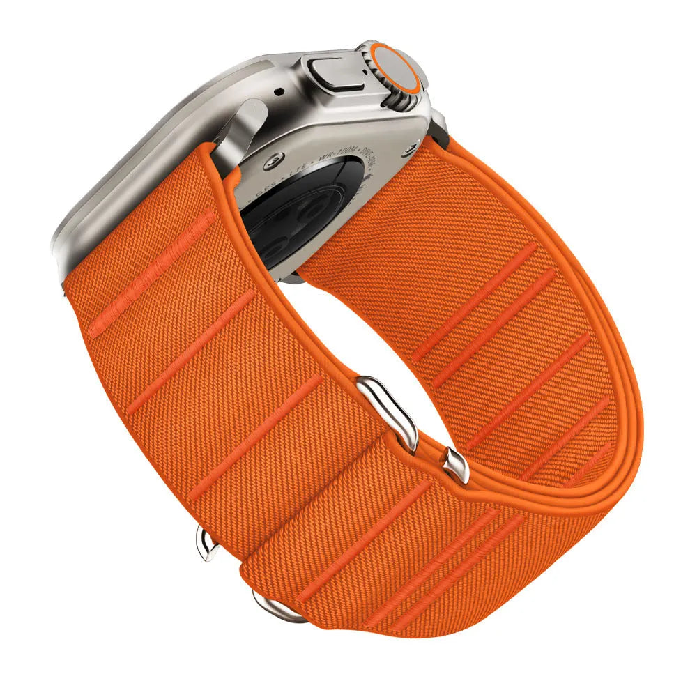 Elastic nylon Apple Watch band with stainless steel buckle shown in multiple colour options.