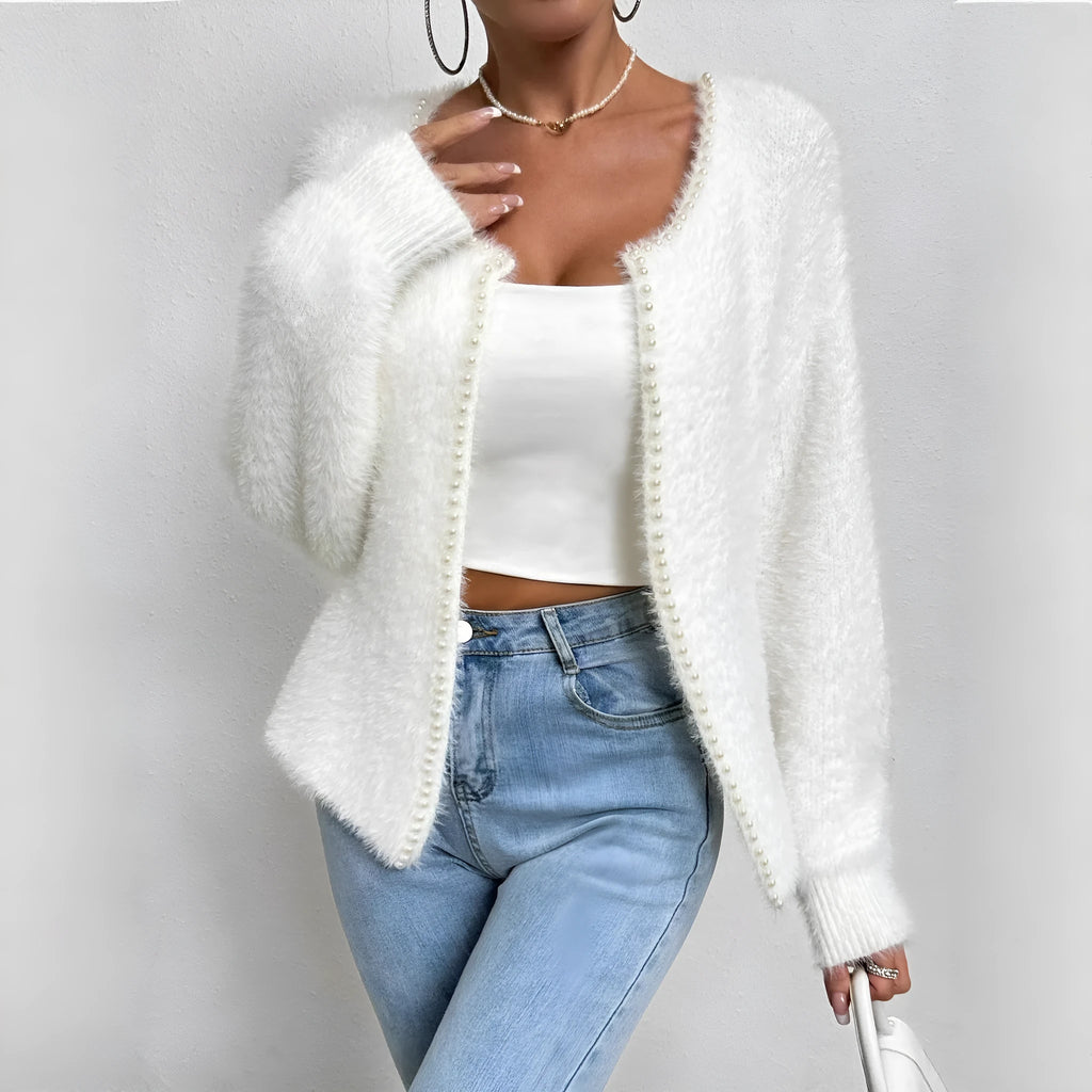 Women's white V-neck cardigan sweater in polyester knit fabric, medium thickness