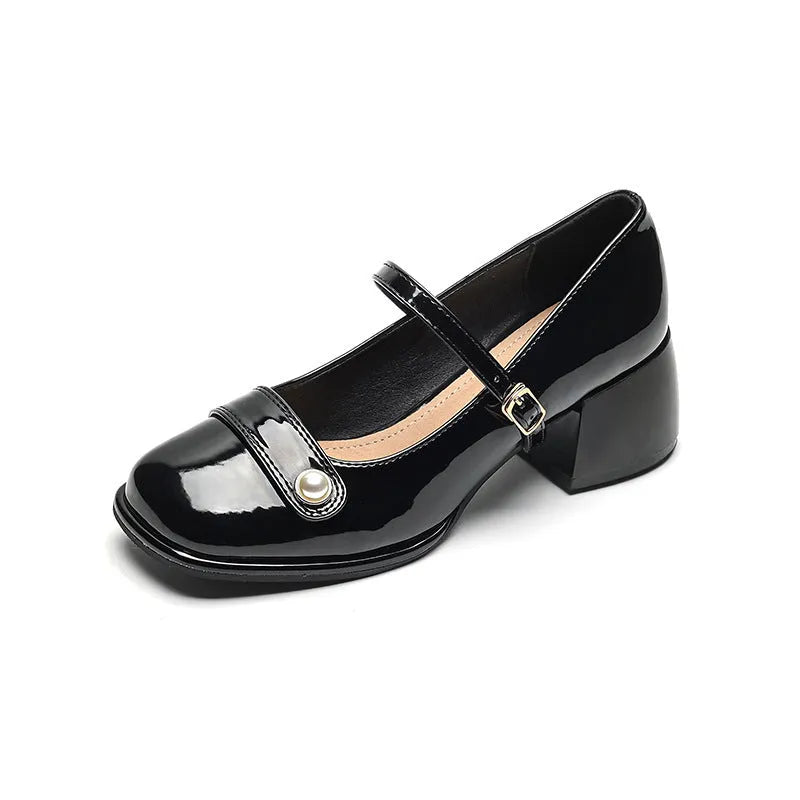 French style patent leather hiking pumps with chunky square-toe heel and buckle fastening in three colour options