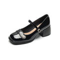 French style patent leather hiking pumps with chunky square-toe heel and buckle fastening in three colour options