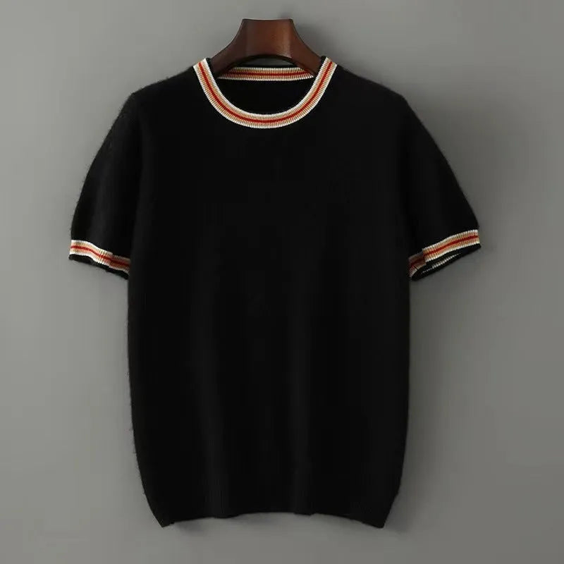 Men's pure wool short sleeve sweater with round neck in white, grey or black colours