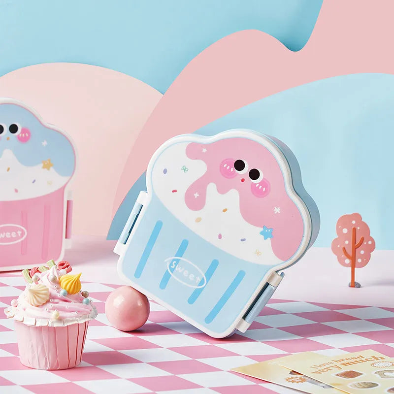 Creative ice cream shaped lunch box compartment with spoon and fork set in pink or blue