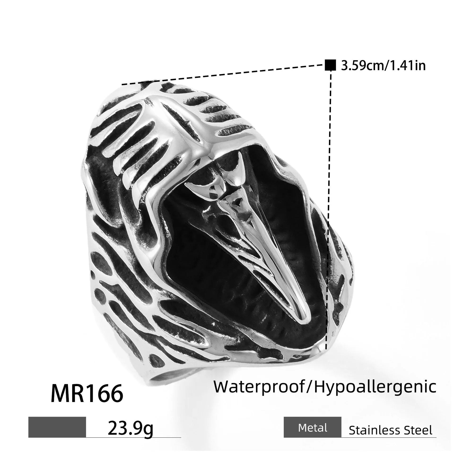 Geometric crow punk ring in titanium steel with MR166 colour on finger