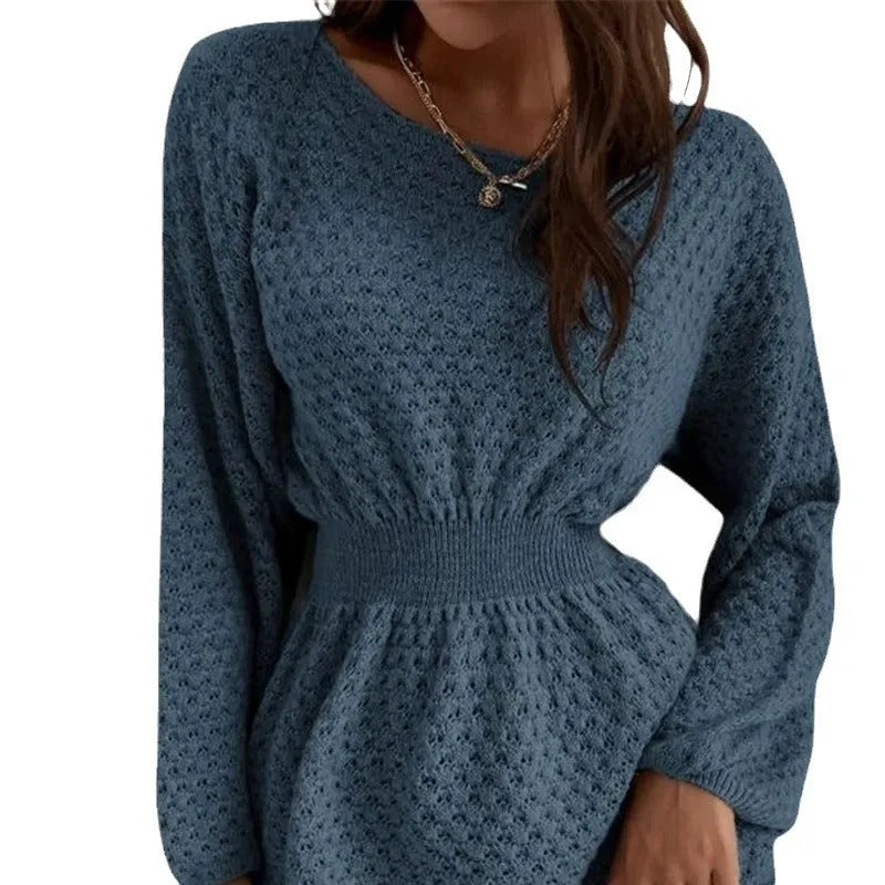 Blue polyester knitted dress with hand-crocheted flowers, fitted waist, and long sleeves