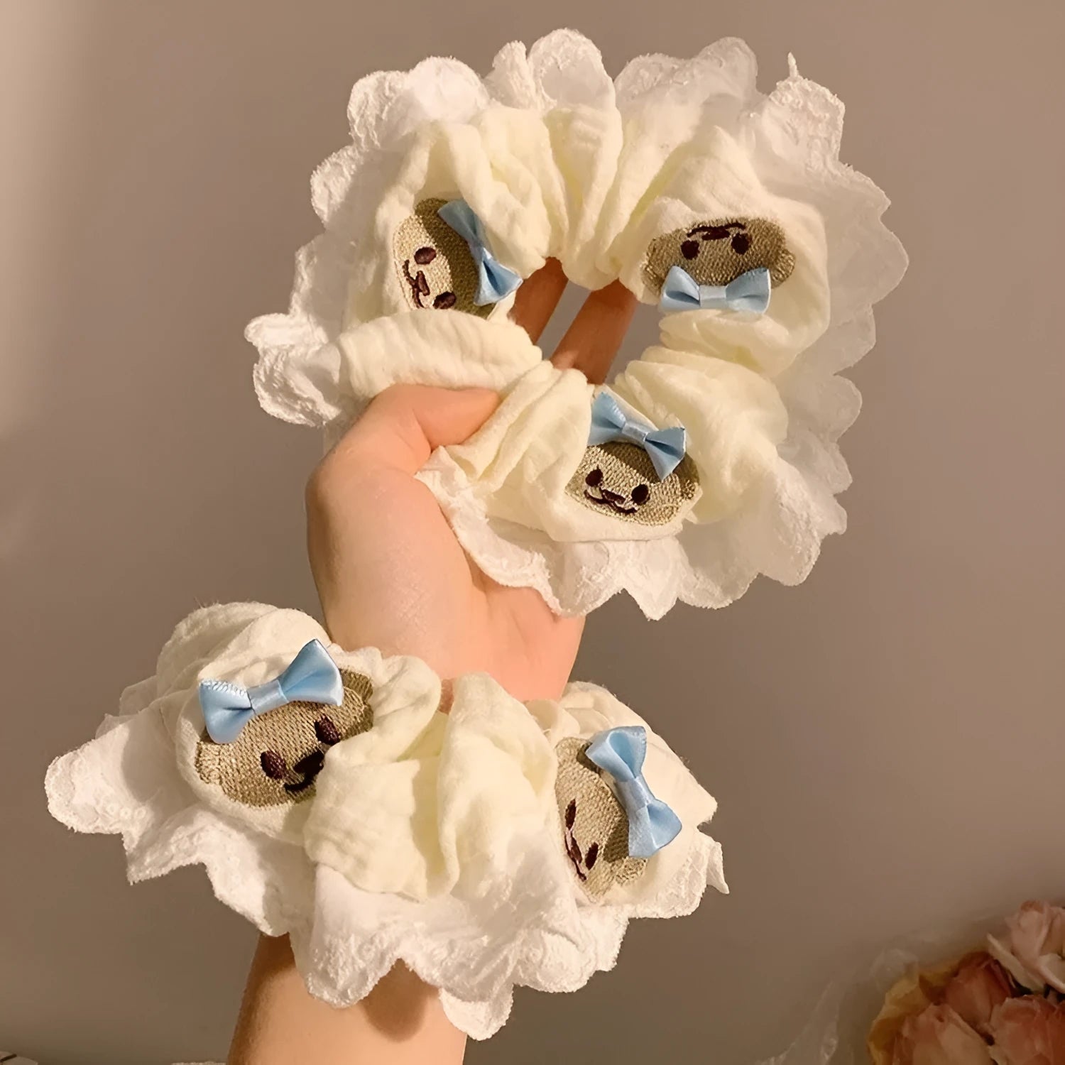 Blue bear bow elastic hair ring cloth fabric accessory