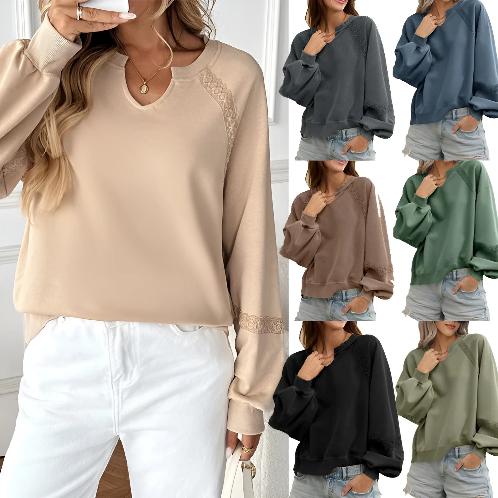 Women's long sleeve sweater with a half-open lace-stitch collar in a solid colour.