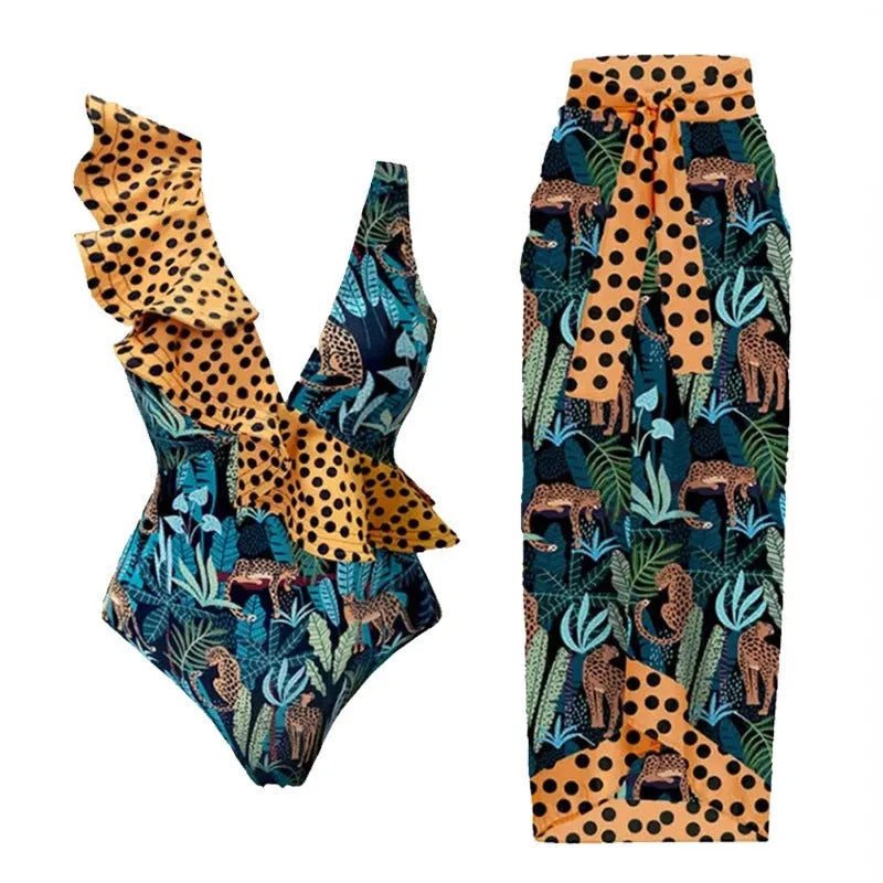 Women's solid colour one-piece swimsuit with spaghetti straps and a matching detachable skirt.