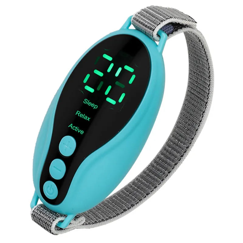 Blue and white intelligent sleeping aid instrument with USB cable on a bedside table