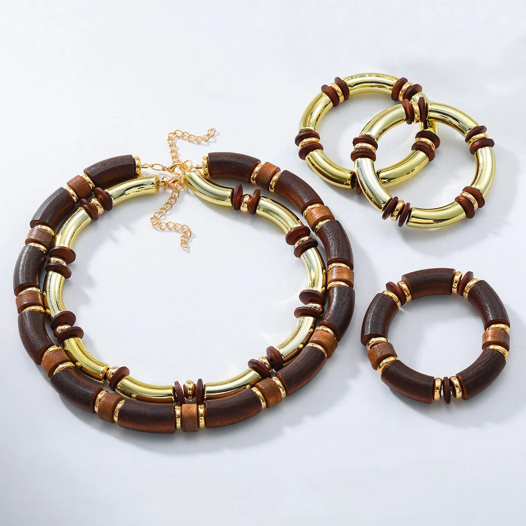 Women's multi-layer wooden necklace and bracelet set with alloy pendant, European exaggerated style
