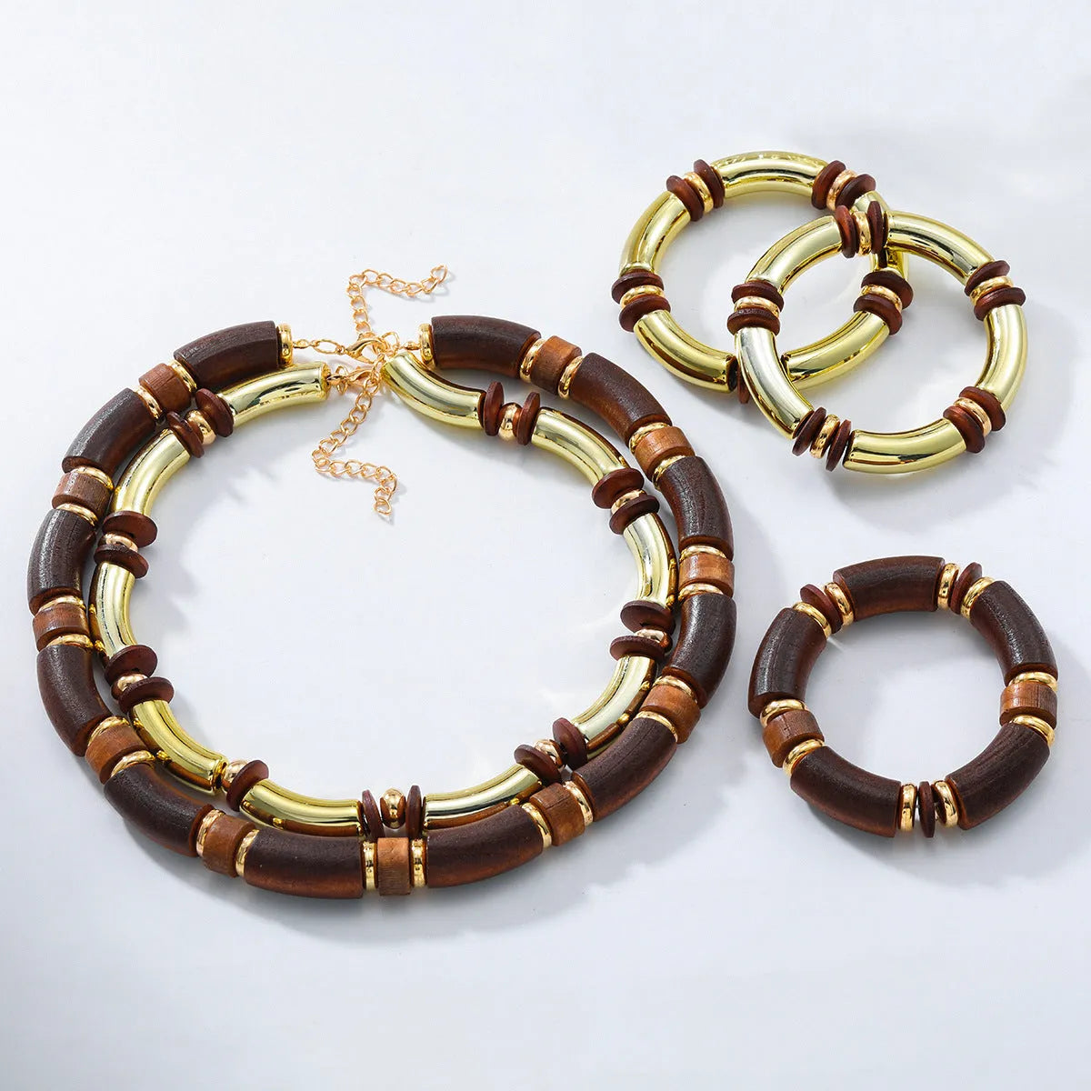 Women's multi-layer wooden necklace and bracelet set with alloy pendant, European exaggerated style