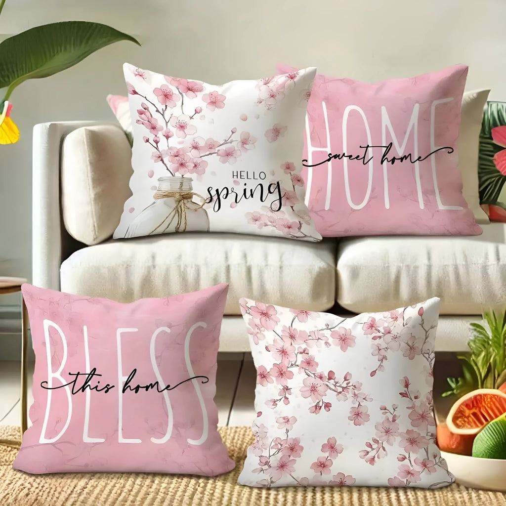 Square short velvet cushion cover with pink cherry blossom and letter print, 45cm.