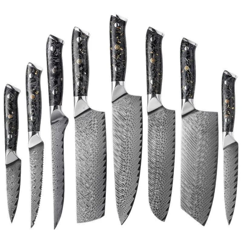 Eight-piece Damascus steel kitchen knife set with fishbone pattern, showing chef, utility, boning, steak, and fruit knives.