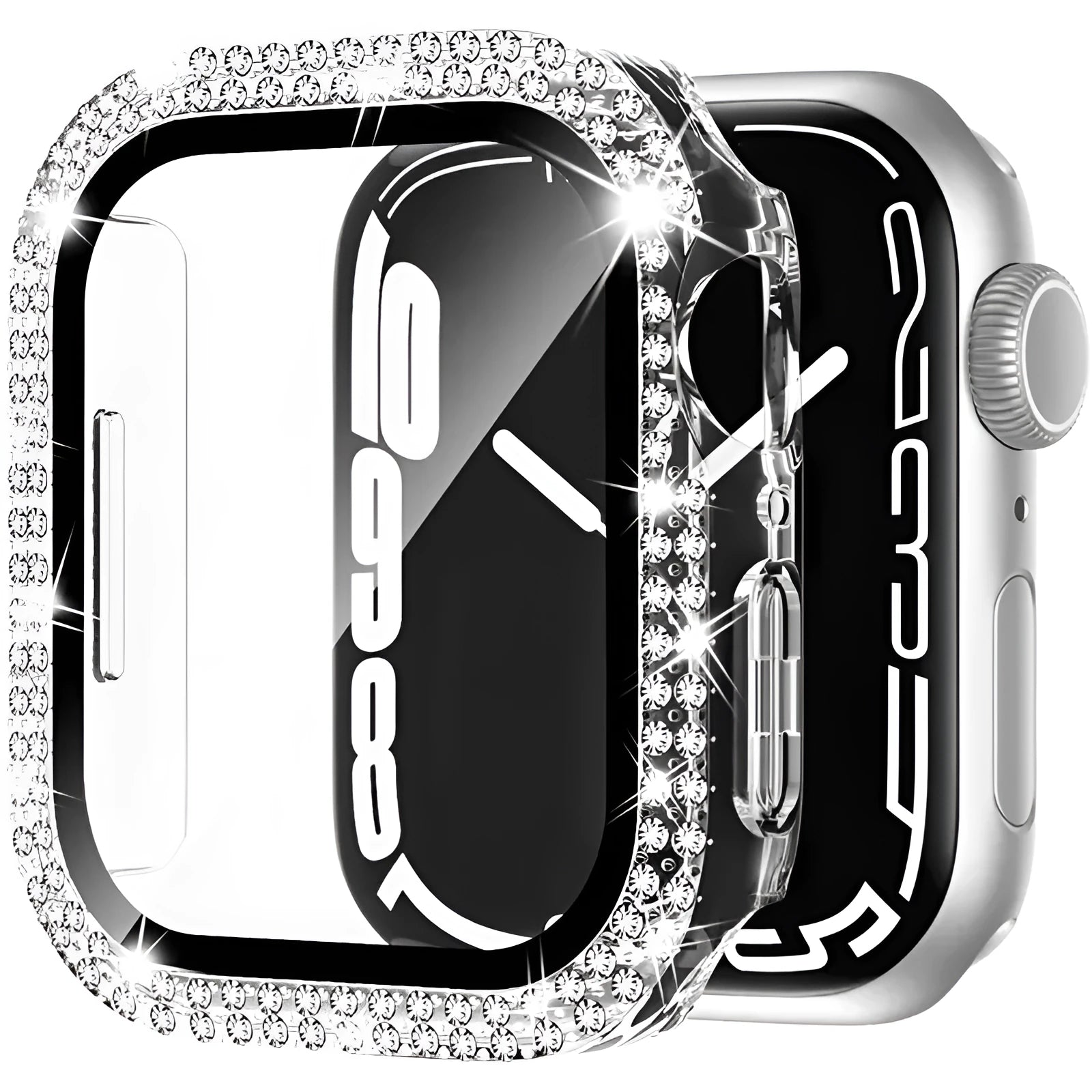 Apple Watch case with double diamond glass in rose pink, shown fitted on a 41mm Apple Watch.