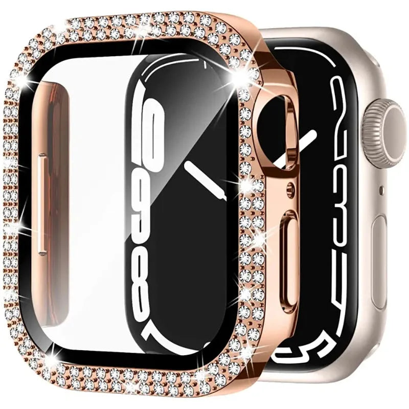 Apple Watch case with double diamond glass in rose pink, shown fitted on a 41mm Apple Watch.