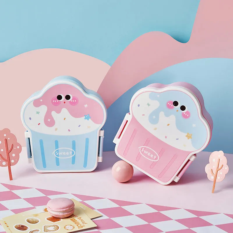 Creative ice cream shaped lunch box compartment with spoon and fork set in pink or blue