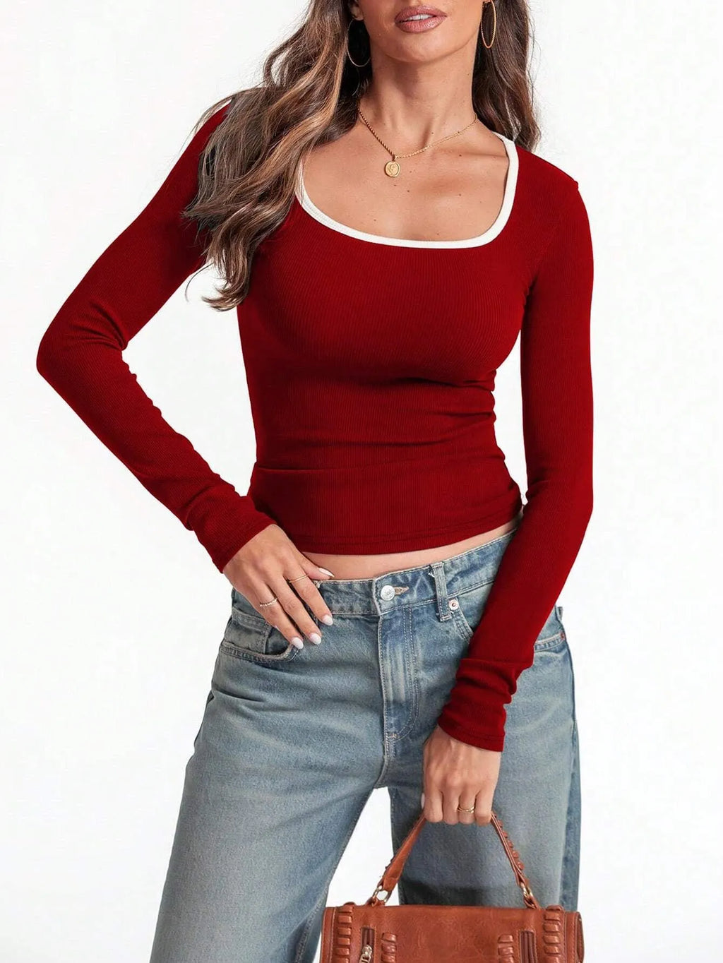 Women's slim fit cotton top with a square collar and long sleeves in a solid colour.