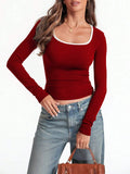 Women's slim fit cotton top with a square collar and long sleeves in a solid colour.